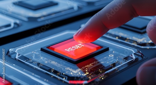 Finger presses a bright red reset button on a futuristic control panel with glowing circuits