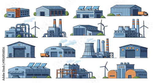 Collection of industrial buildings and factories, various designs and styles, vector illustration.