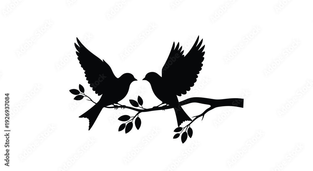 Fototapeta premium Two birds perched on a branch a detailed black silhouette