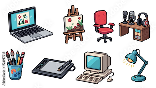 hand drawn pixel art set of digital and traditional creative workspace objects including laptop easel chair microphones desk brushes graphic tablet vintage computer and desk lamp