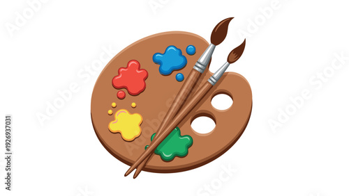 artist paint palette with colorful paint blobs and two hand drawn brushes illustration