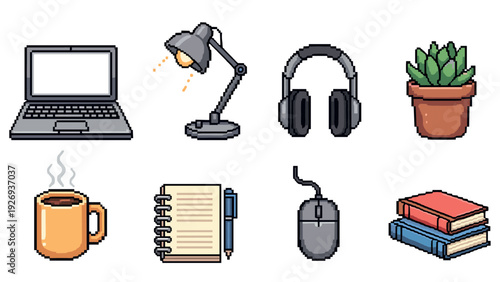 pixel art set of office and study supplies with laptop desk lamp headphones plant coffee notebook mouse and books