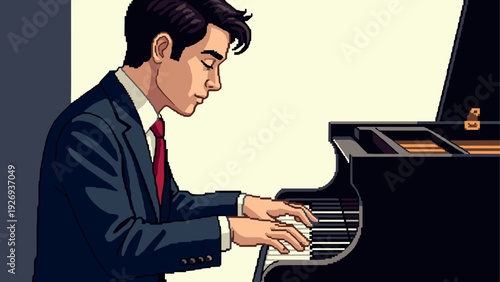 young man playing piano hand drawn pixel art illustration music performance