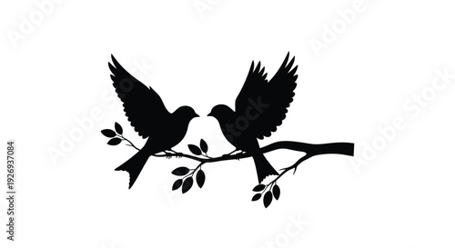 Canvas Print Two birds perched on a branch a detailed black silhouette