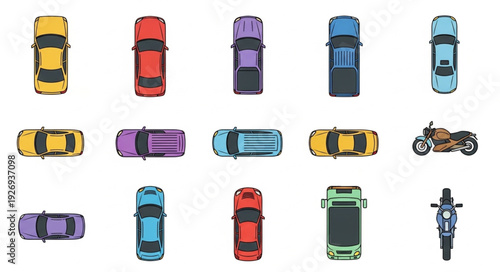 Collection of various vehicles, including cars and motorcycles, viewed from above, isolated on white background.