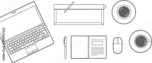 Top down view of essential modern workspace elements laid out neatly on a clean white surface including a laptop computer a stylus pad a notebook and cups of coffee