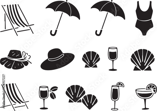 Black and white beach icons and symbols for summer vacation