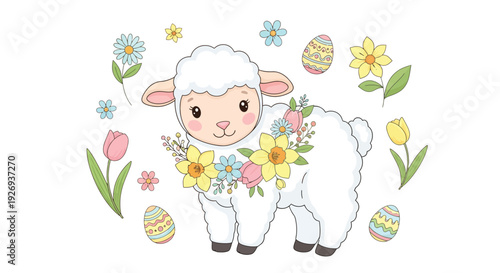 A cute cartoon lamb adorned with flowers and surrounded by Easter eggs and spring blossoms.