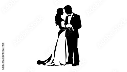 A wedding couple silhouette illustration in a romantic pose together