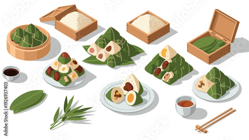 assorted sticky rice dumplings with fillings and sauces hand drawn vector illustration traditional asian food