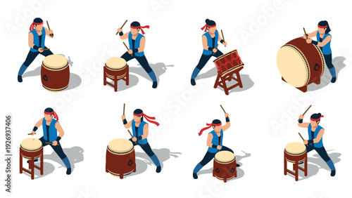 taiko drummer set playing traditional japanese drums in isometric hand drawn style