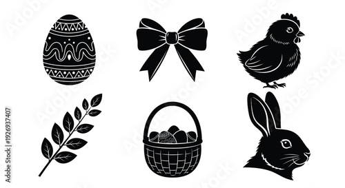 Easter holiday icons including a decorated egg, a chick, a bunny, and a basket of eggs.