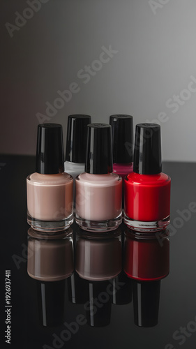 assorted nail polish bottles on reflective surface