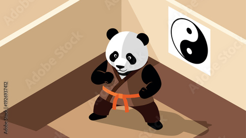 cartoon panda practicing martial arts in dojo with yin yang symbol vector illustration
