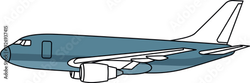 Cartoon style illustration depicts a side profile of a modern passenger jet airplane featuring wing-mounted engines and a distinct vertical stabilizer isolated on white background for travel themes.