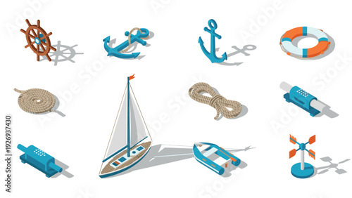 set of hand drawn marine and sailing equipment icons including sailboat anchor steering wheel lifebuoy rope and wind vane