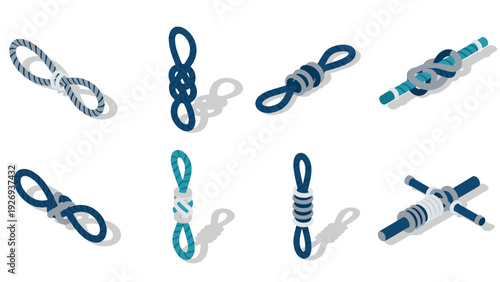 set of eight hand drawn nautical rope knots with shadows isolated on white background