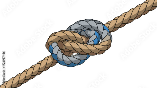 hand drawn detailed illustration of a reef knot made with two intertwined ropes in natural colors