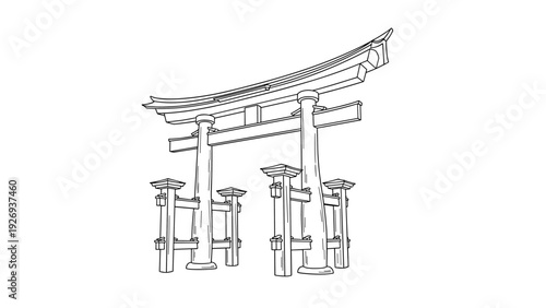 hand drawn torii gate with lanterns traditional japanese architecture line art illustration