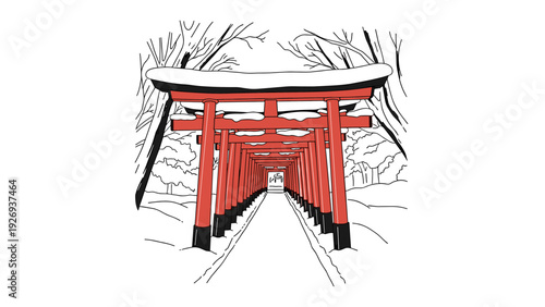 red torii gates hand drawn illustration with snow on top depicting japanese cultural landmark in winter
