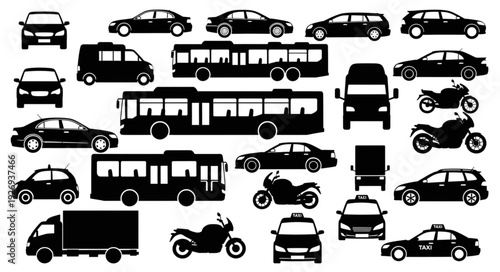 Collection of various transportation vehicles in black silhouette style.