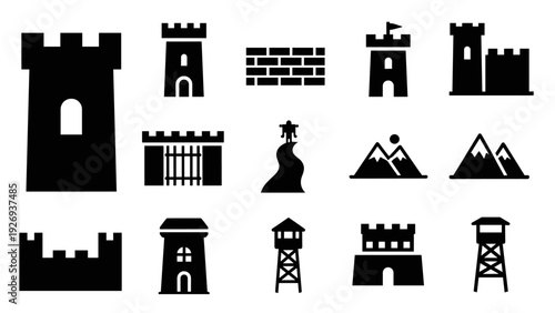 castle and fortress tower icons set in black silhouette style with watchtowers wall and mountain elements