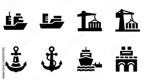 set of shipping and port icons including cargo ships cranes anchors and dock silhouette