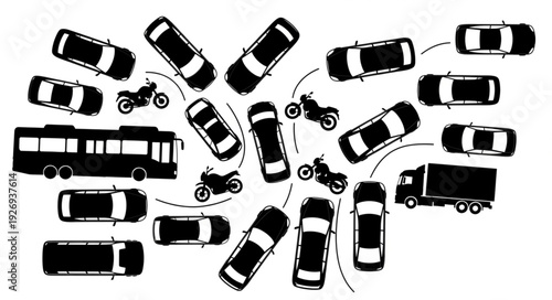 Traffic congestion scene with various vehicles, including cars, trucks, and motorcycles.