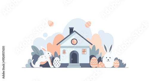 Easter bunnies and decorated eggs surround a charming house with a garden.