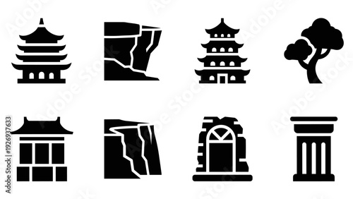 set of black silhouette Chinese pagoda cliff tree and ancient architectural icons hand drawn style