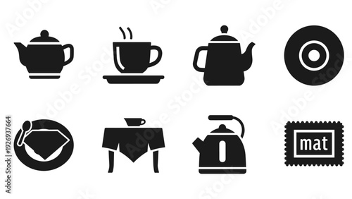 set of black tea time icons including teapots cup plate table and mat in silhouette style