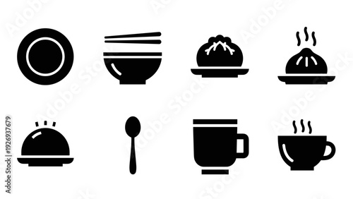 set of hand drawn asian food and drink icons including bowls dumplings spoons and hot cups