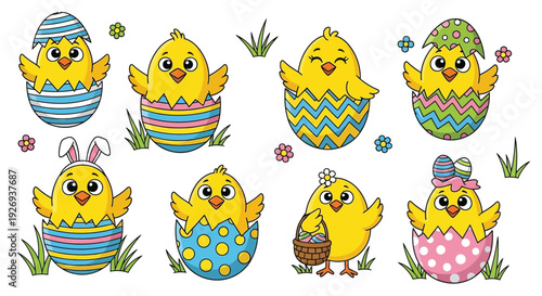 Cute cartoon chicks emerge from colorful Easter eggs, ready for spring celebrations.