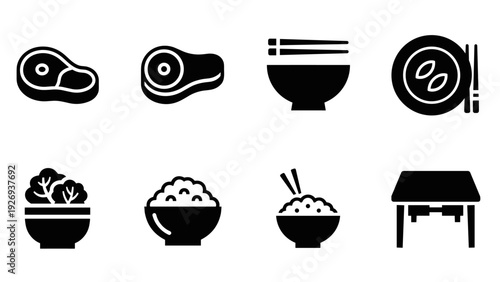 set of black and white hand drawn asian food and dining icons with bowls chopsticks meat and table