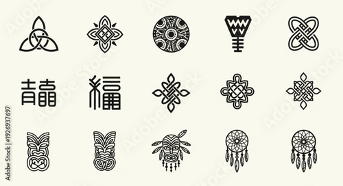 Collection of intricate black and white cultural symbols and patterns on a cream background.