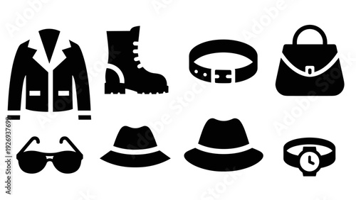 collection of black silhouette fashion accessories and clothing icons including jacket boots belt handbag sunglasses hats and watch