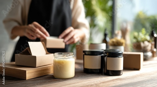 Person packaging handmade natural soy candles for small business