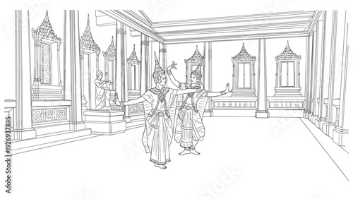 traditional thai dancers performing hand drawn line art in ornate temple interior