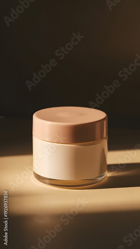 cream jar with beige label and lid on table