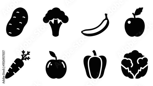 set of black silhouette vegetable and fruit icons hand drawn style healthy food elements
