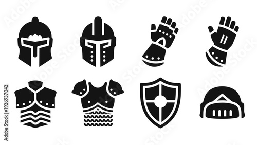 medieval armor set icons hand drawn silhouette style with helmets gloves chestplates shield and gauntlets
