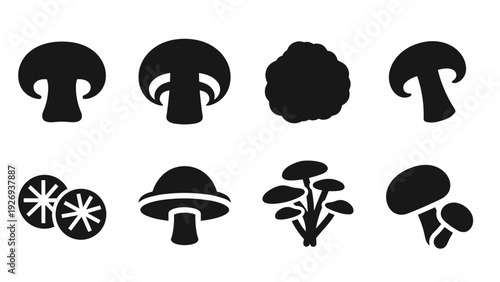 collection of black mushroom and fungi silhouette icons set with various shapes and styles