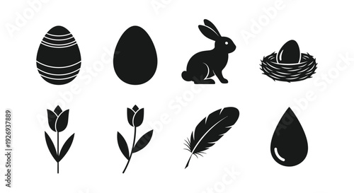 Collection of Easter holiday icons including eggs, a rabbit, and a nest.