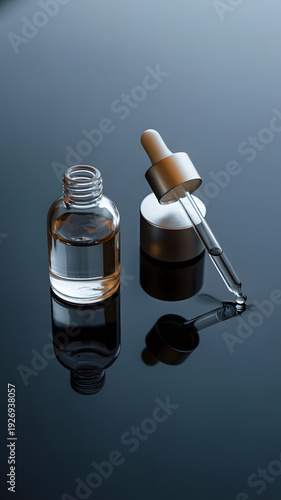 glass bottle and dropper with liquid on reflective surface