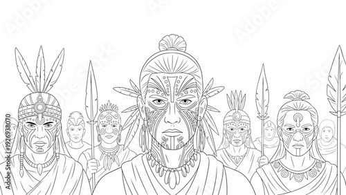 group of indigenous warriors with tribal face paint and spears hand drawn line art illustration