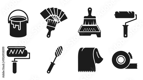 set of hand drawn painting and decorating tools icons in black silhouette style