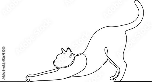 Minimalist continuous line art drawing depicting a domestic cat stretching its body in a relaxed and elegant pose demonstrating feline flexibility and grace.