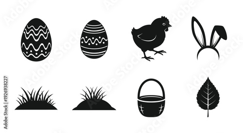 A collection of Easter themed silhouette icons including eggs, a chick, and bunny ears.