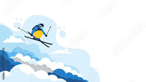 skier jumping in air over colorful snow clouds hand drawn vector illustration