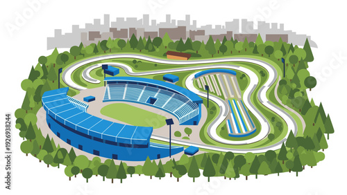 aerial view of a race track stadium surrounded by trees in flat vector style for sports and outdoor events